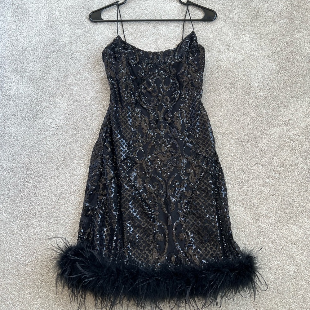 B. Smart Black Sequin Mini Dress with Feather Hem
